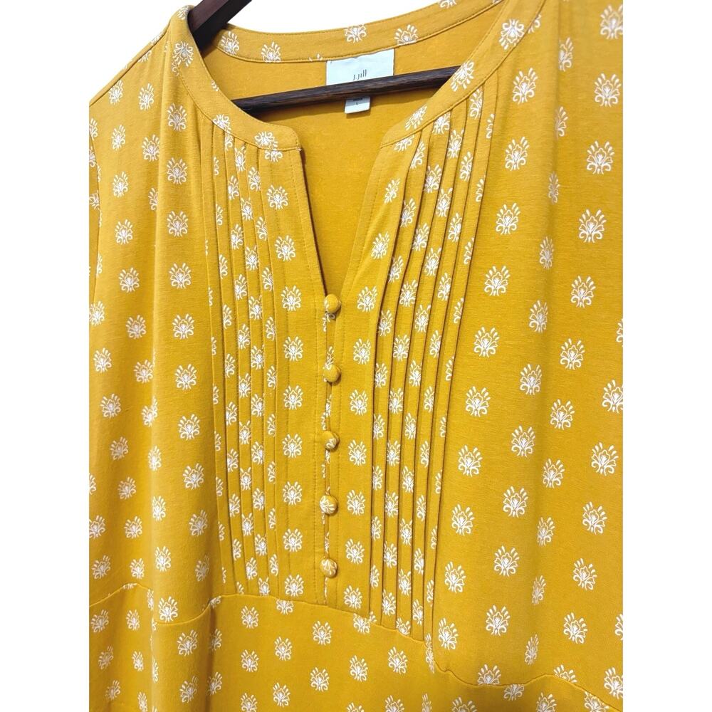 J.Jill Women’s Mustard Yellow Paisley Border Print Knit Dress L Pockets Stretch - Picture 6 of 11